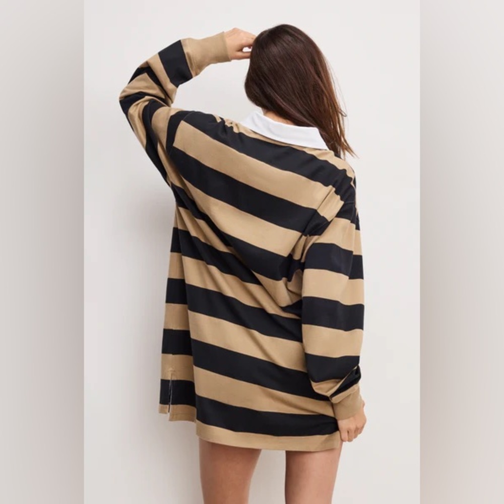 NEW Good American Medium Khaki And Black Rugby Stripe Jersey Polo Mini Dress - Picture 4 of 12